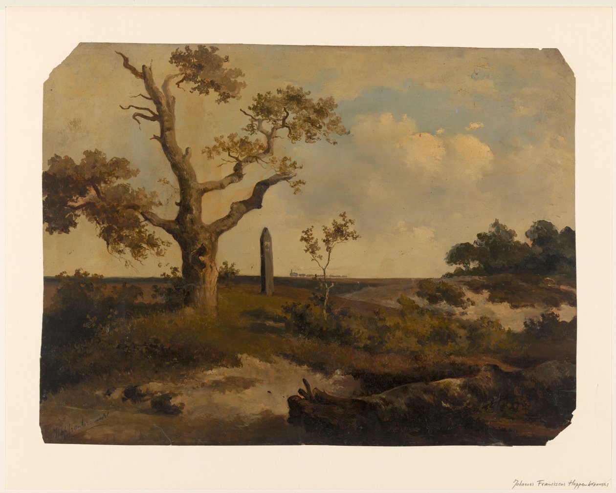 Landschap met trein in het verschiet door Johannes Franciscus Hoppenbrouwers (signed by artist)