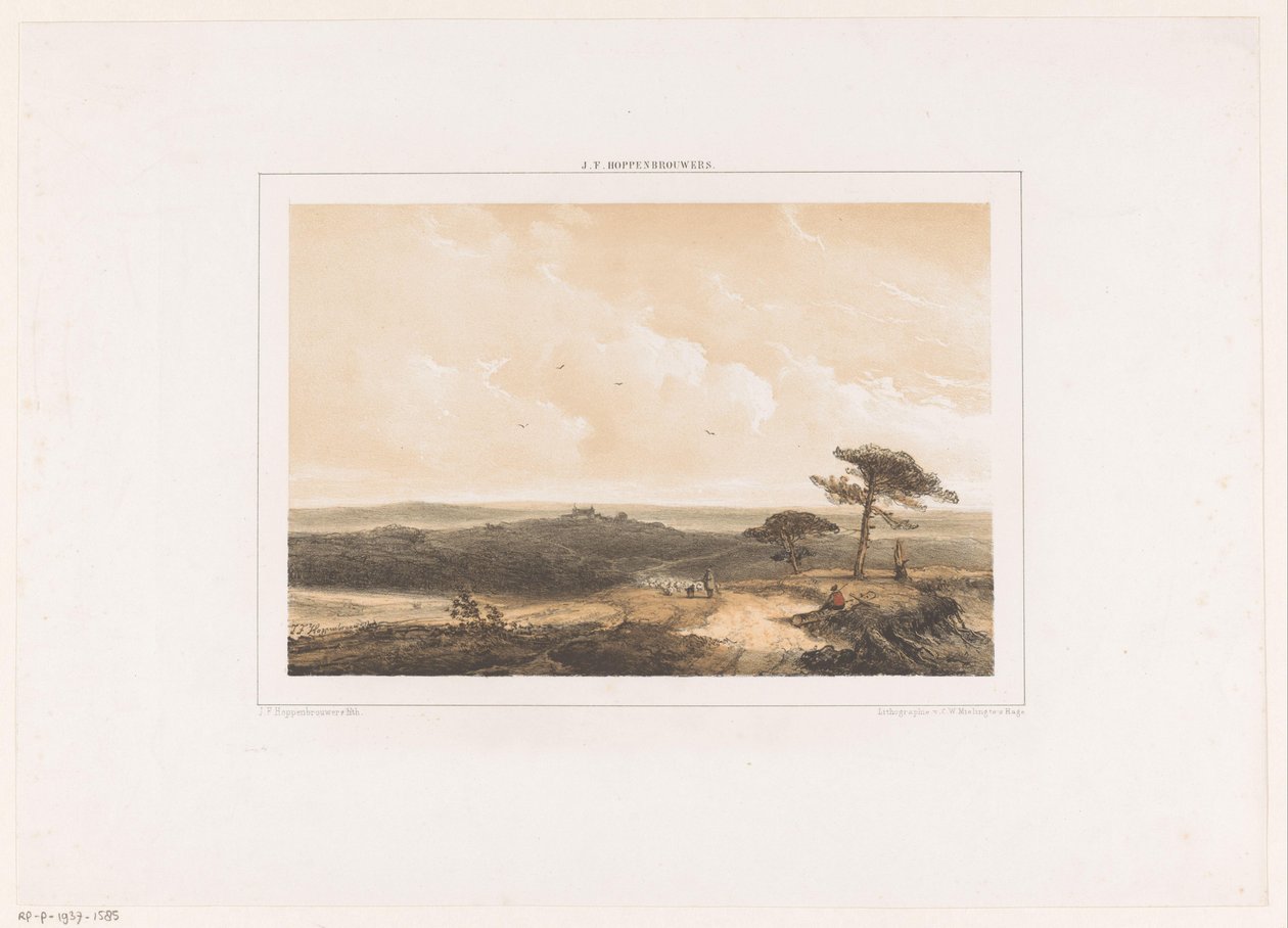 Heidelandschap met rustende wandelaar en herder met kudde door Johannes Franciscus Hoppenbrouwers