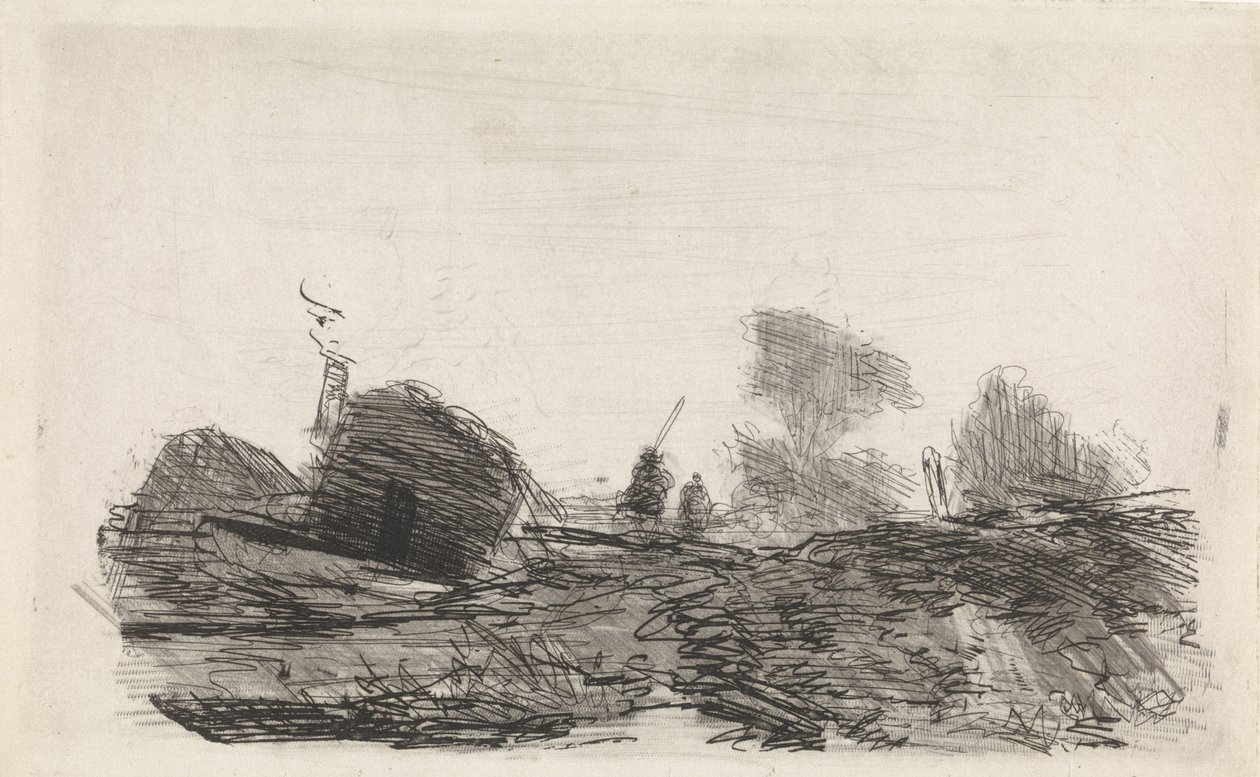 Landschap met een schuur en twee ruiters door Johannes Franciscus Hoppenbrouwers