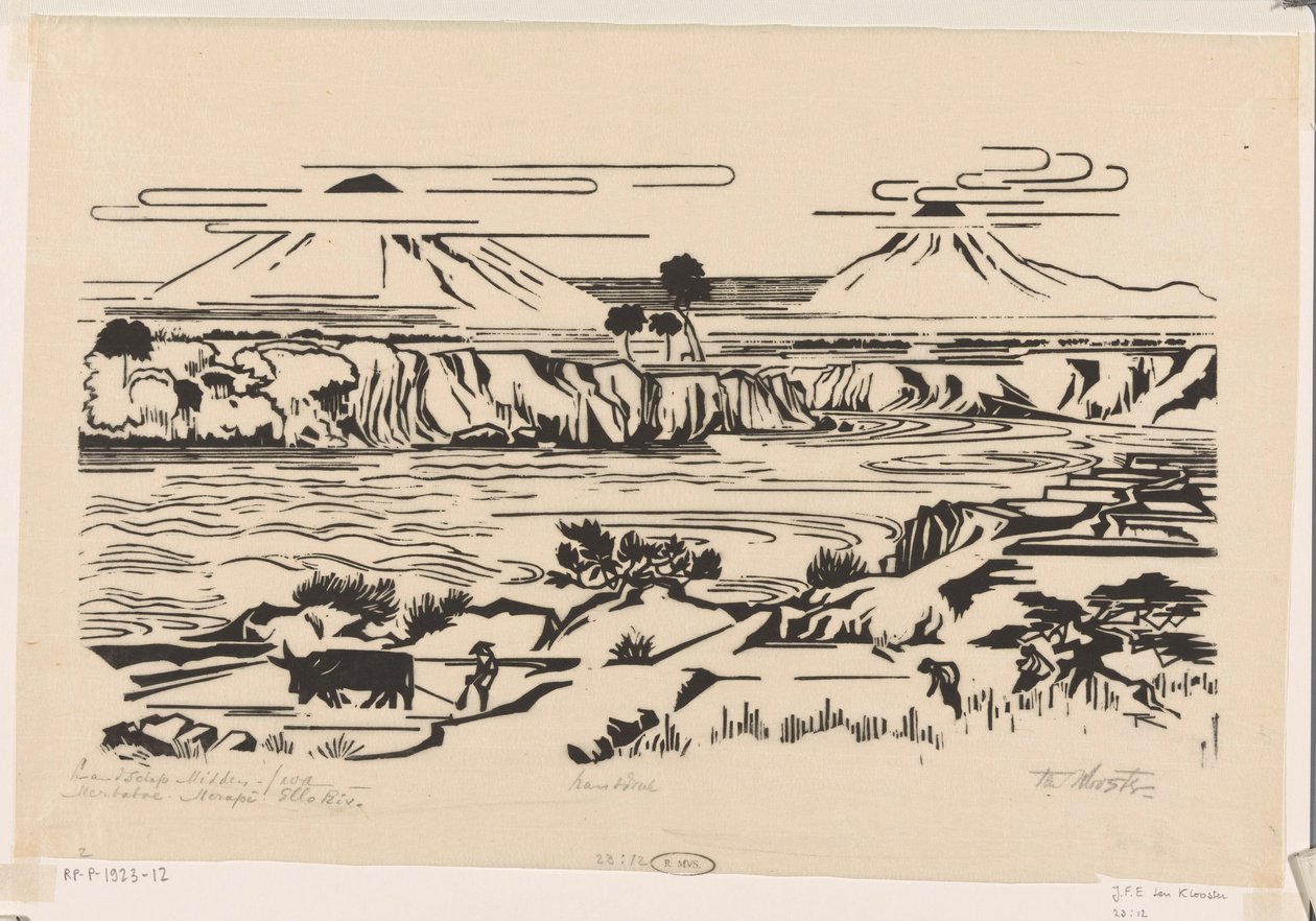 Landschap, Midden-Java: Merbaboe, Merapi, Ello rivier door Johannes Frederik Engelbert ten Klooster (signed by artist)