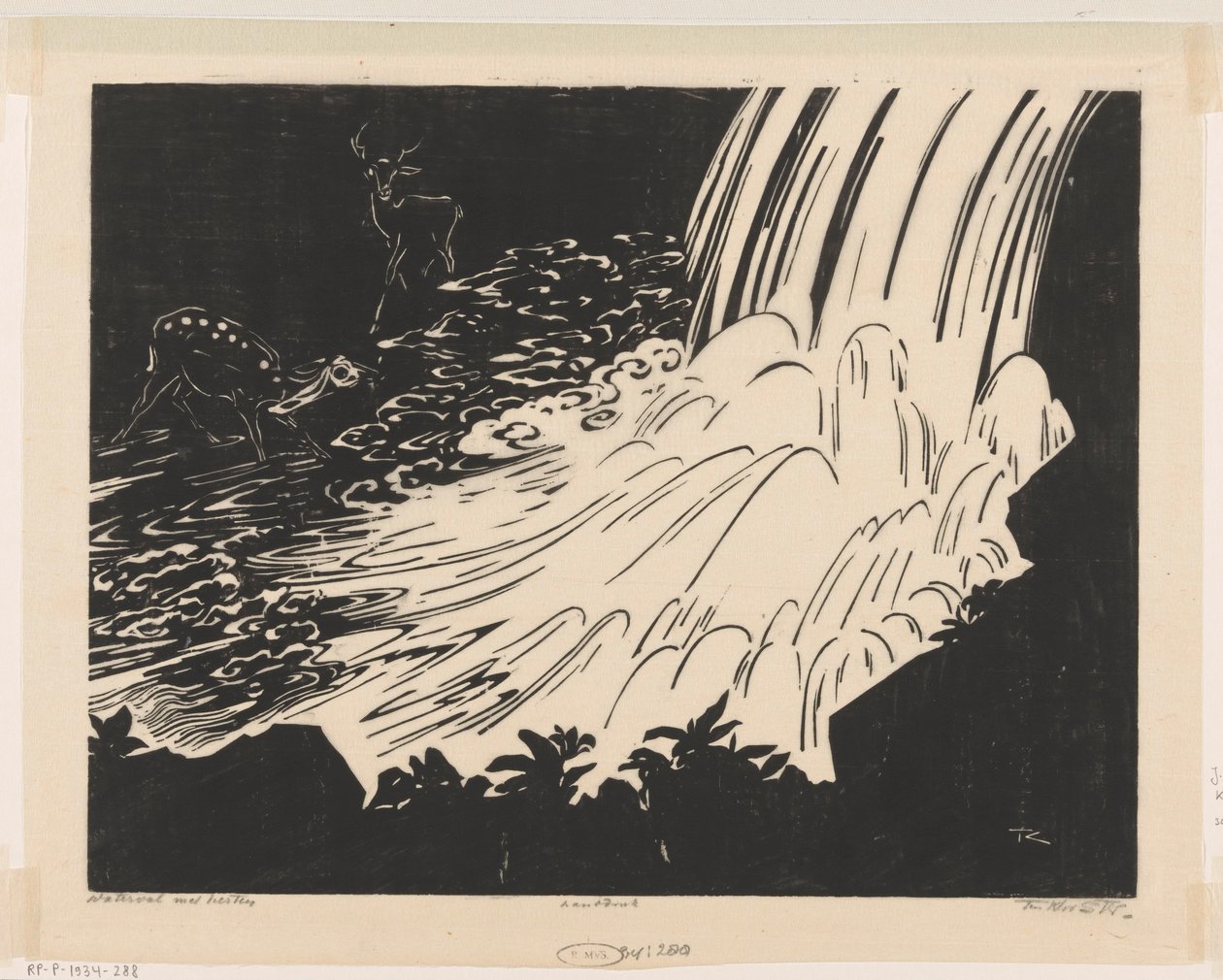 Waterval met herten door Johannes Frederik Engelbert ten Klooster (signed by artist)