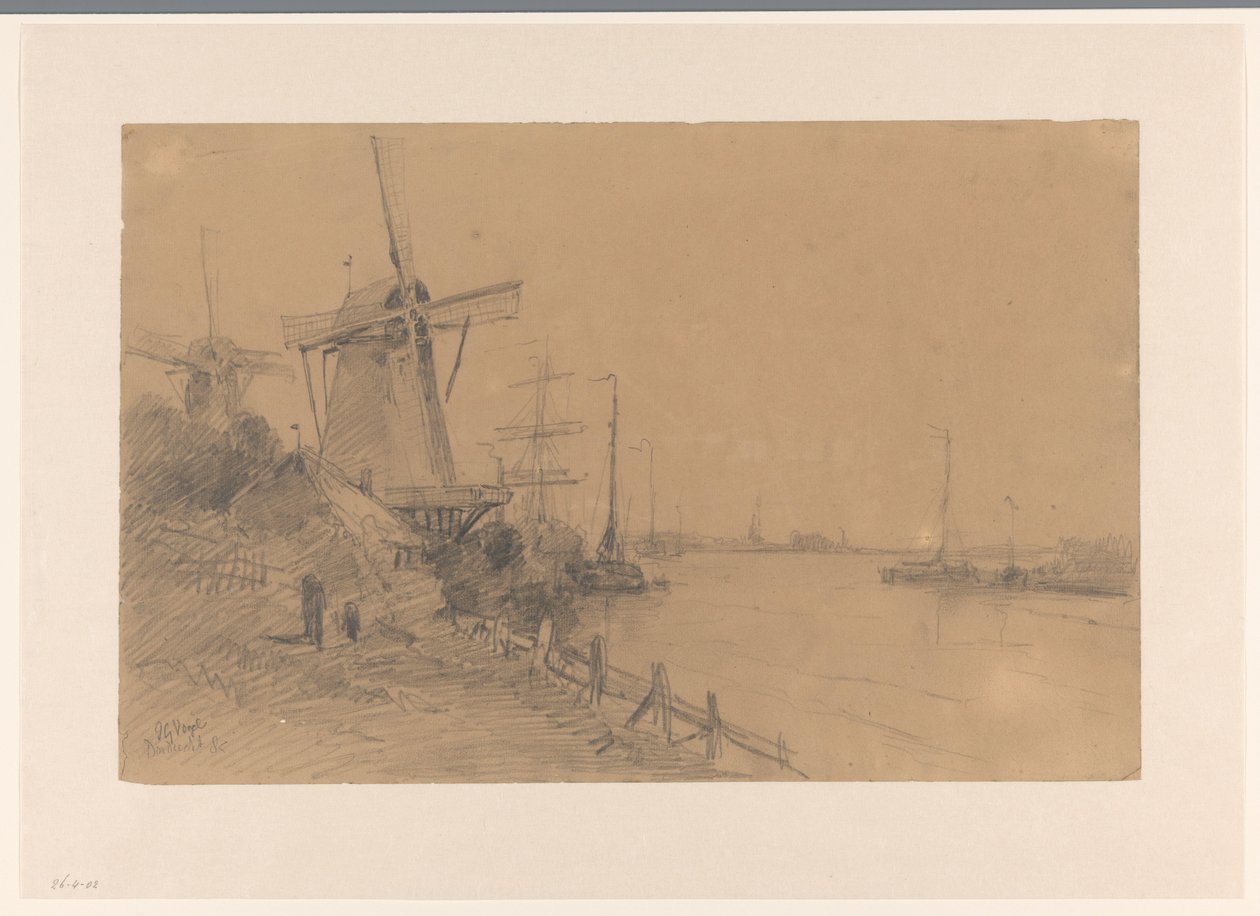 Molens bij Dordrecht langs de rivier met schepen door Johannes Gijsbert Vogel