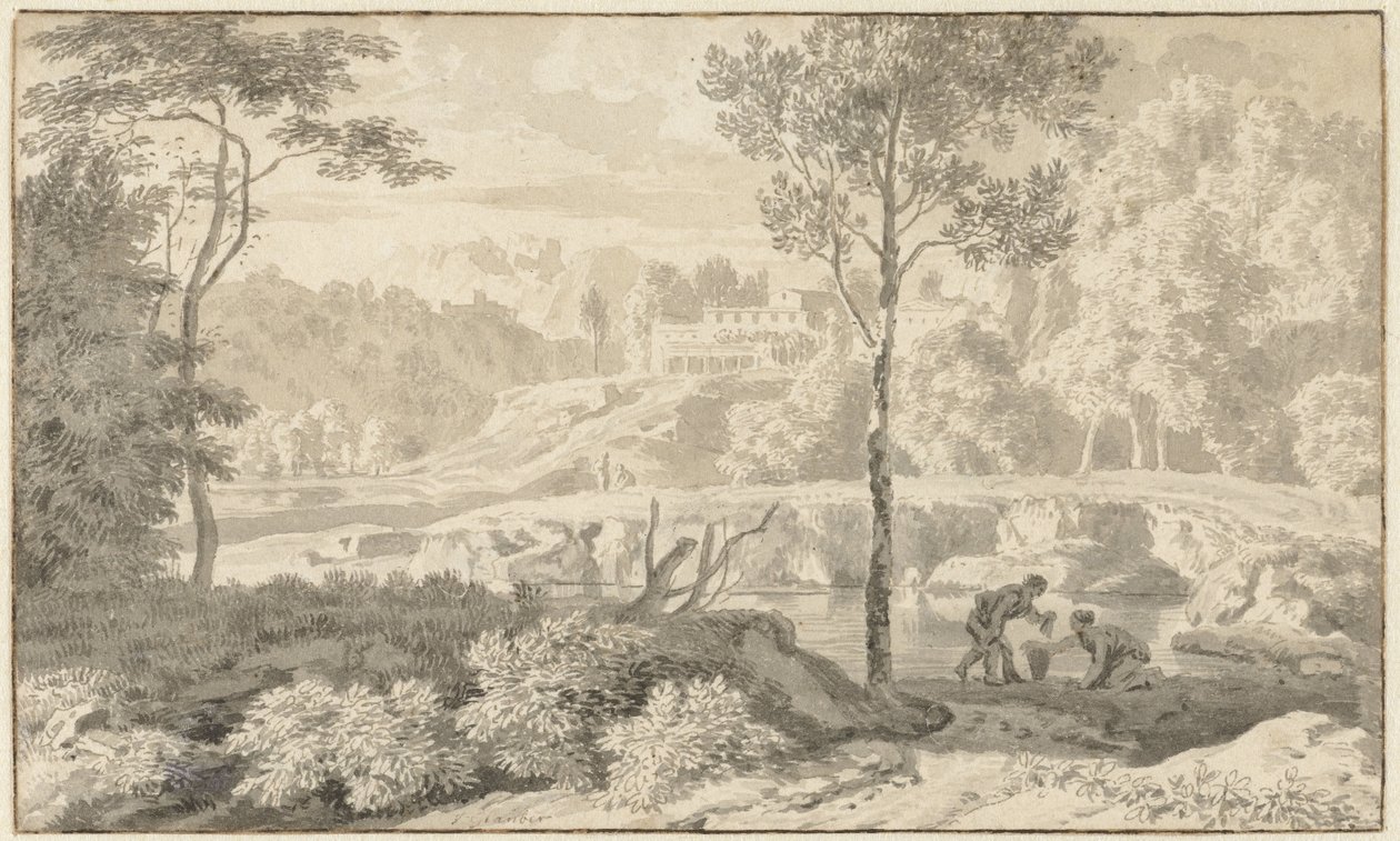 Arcadisch landschap met figuren bij een meer door Johannes Glauber
