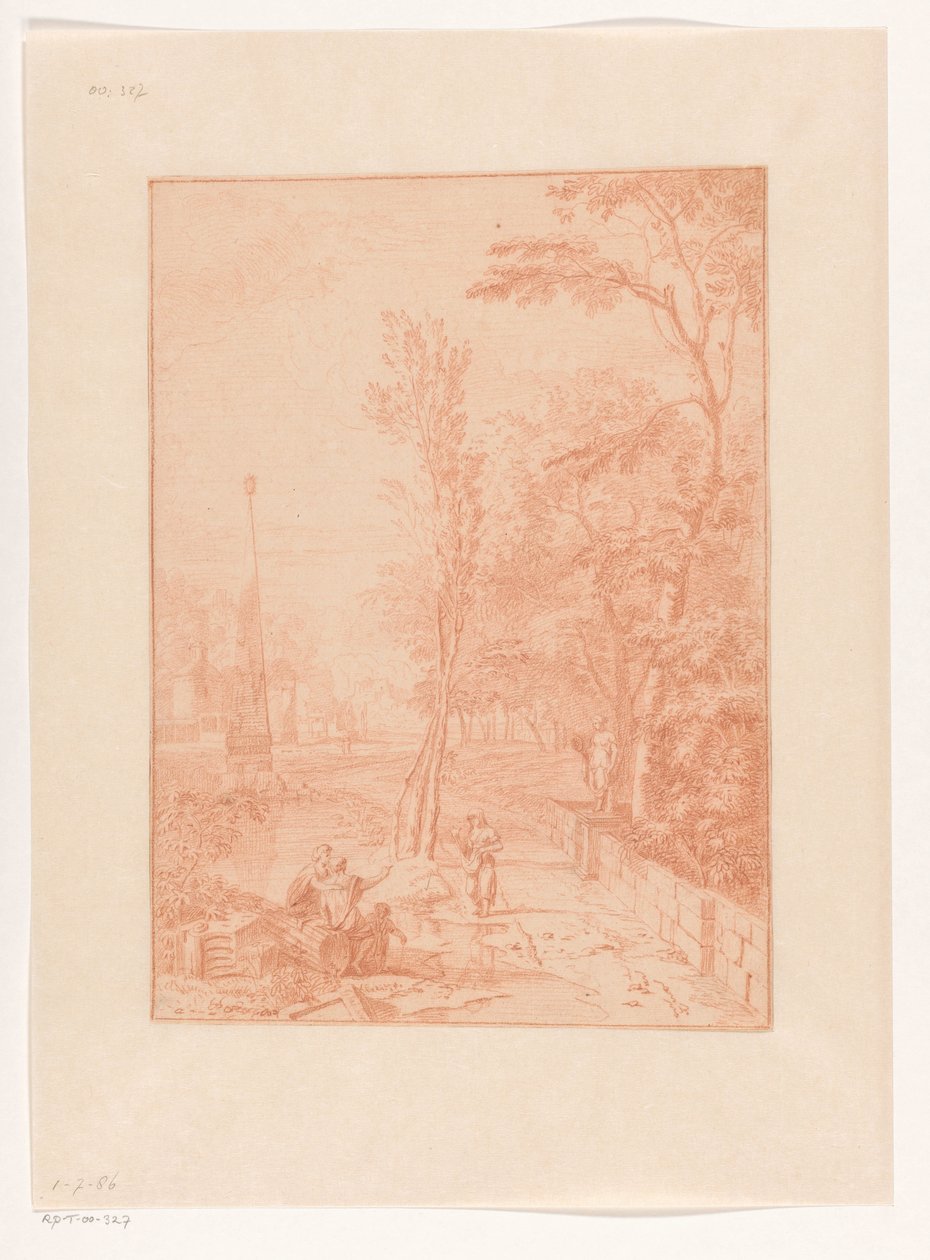 Arkadische Landschaft mit Figuren nahe einem Obelisken door Johannes Glauber
