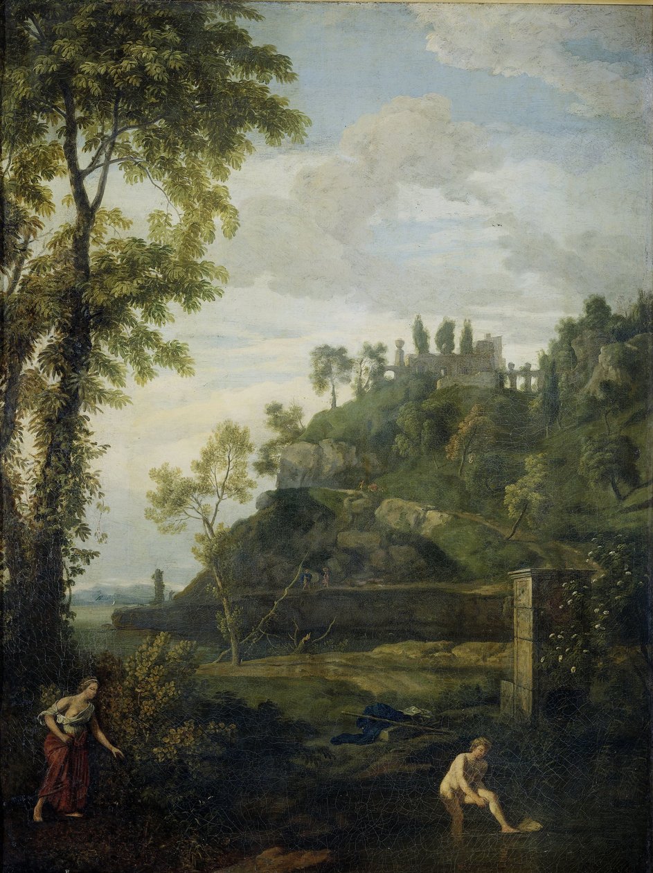 Arcadisch landschap met Salmacis en Hermafrodiet door Johannes Glauber