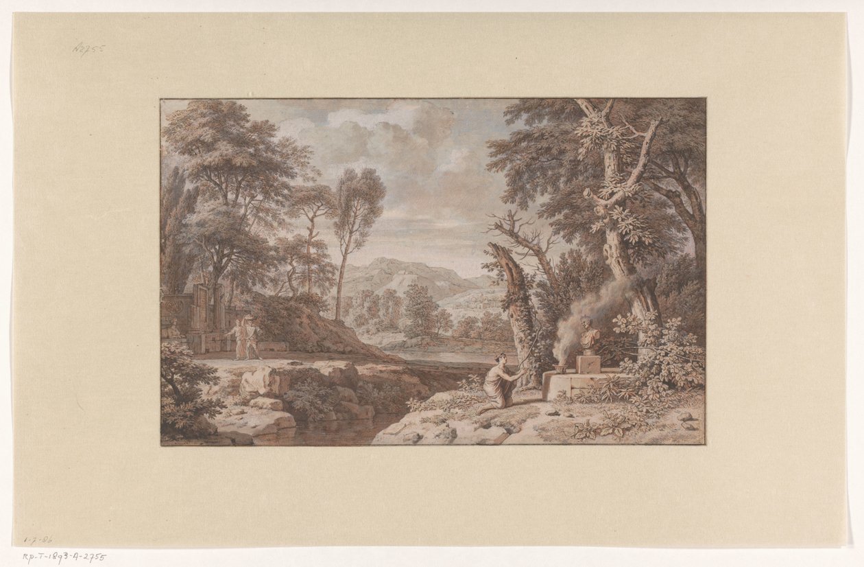 Arcadisch landschap met een offerscène door Johannes Glauber