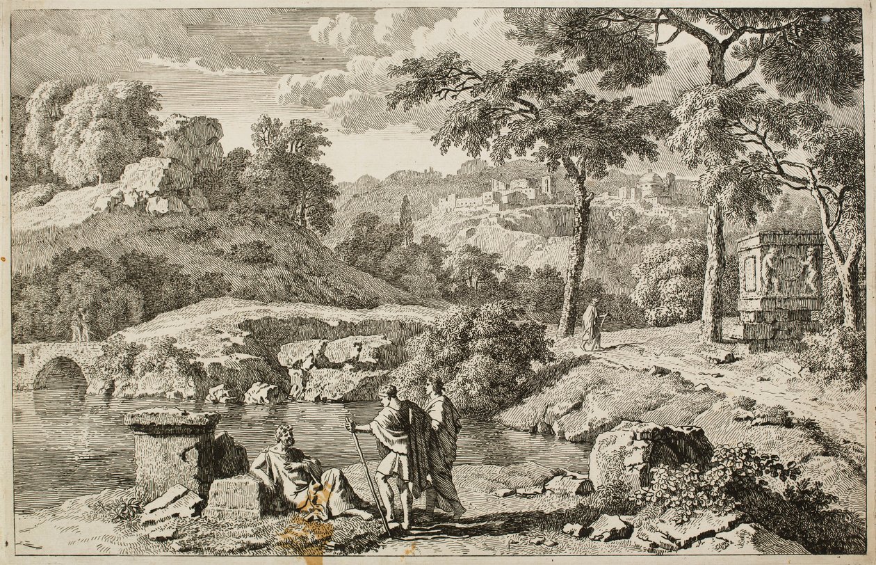 Arcadisch landschap met ruïnes door Johannes Glauber