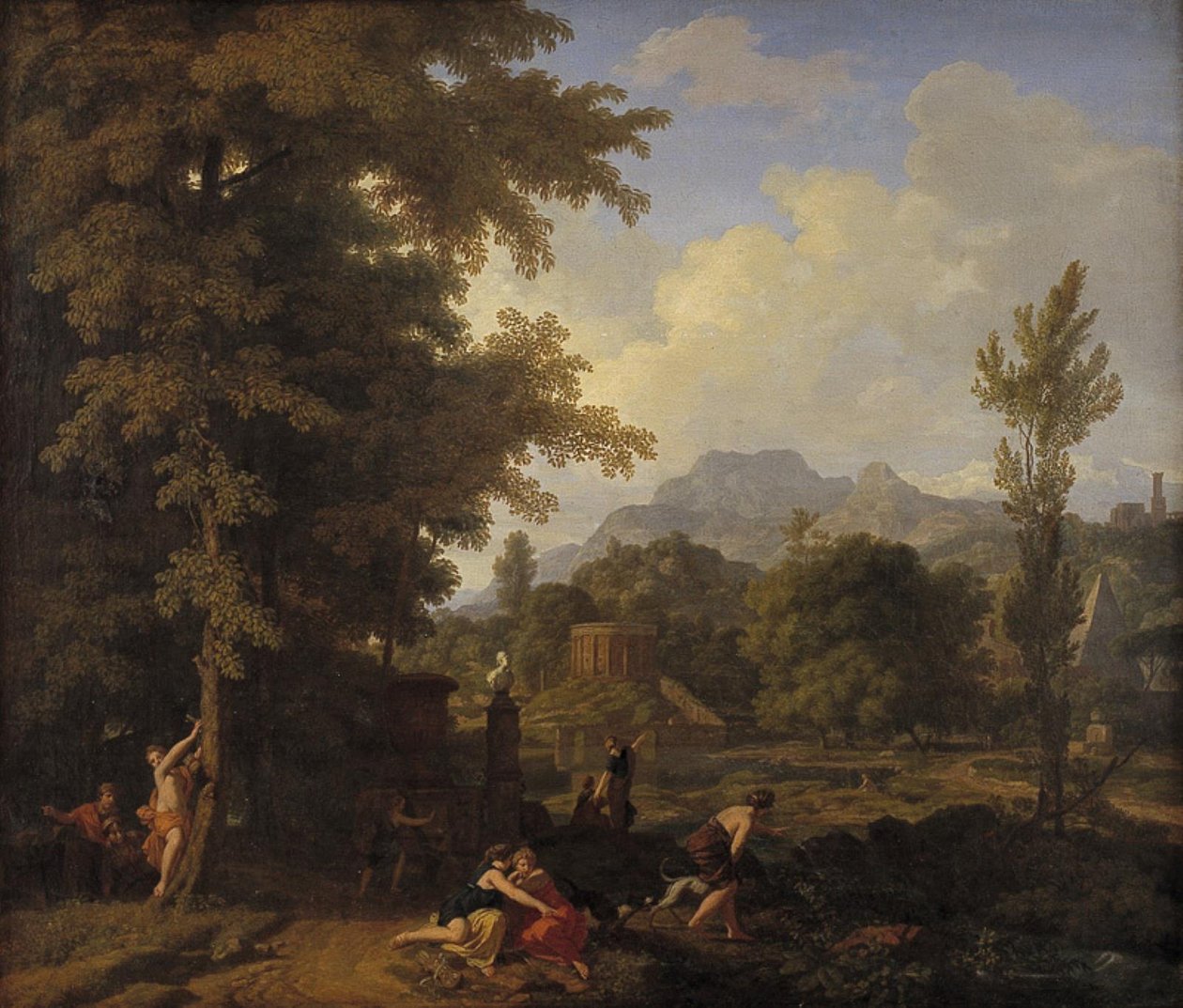 Klassiek landschap met Diana (?) en haar nimfen door Johannes Glauber