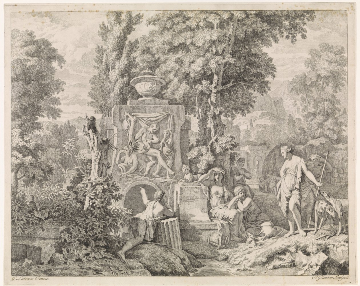 Landschap met een fontein en Diana en haar nimfen door Johannes Glauber