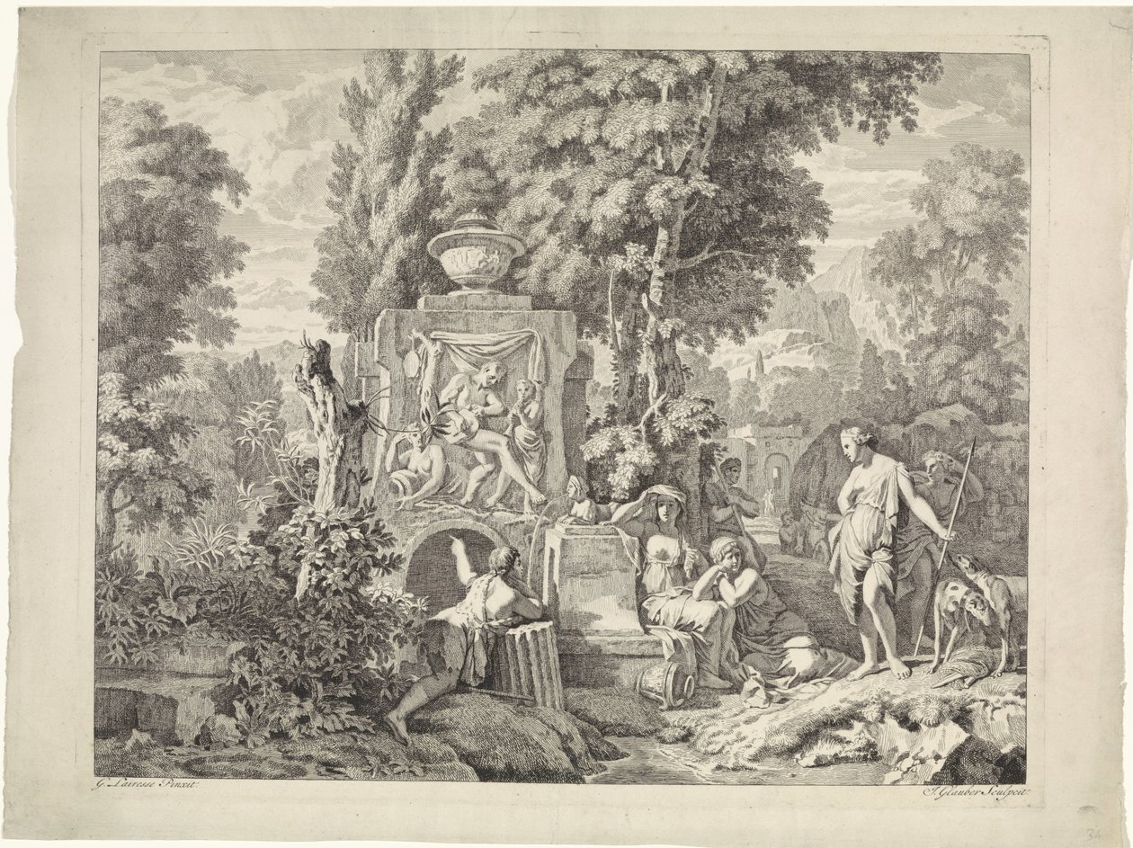 Landschap met een fontein en Diana en haar nimfen door Johannes Glauber