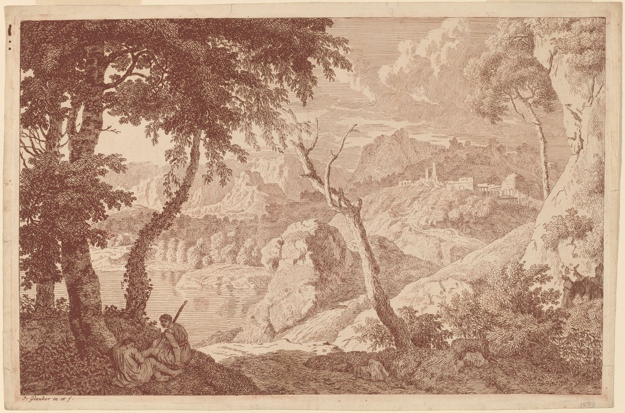 Berglandschap met twee rustende mannen door Johannes Glauber