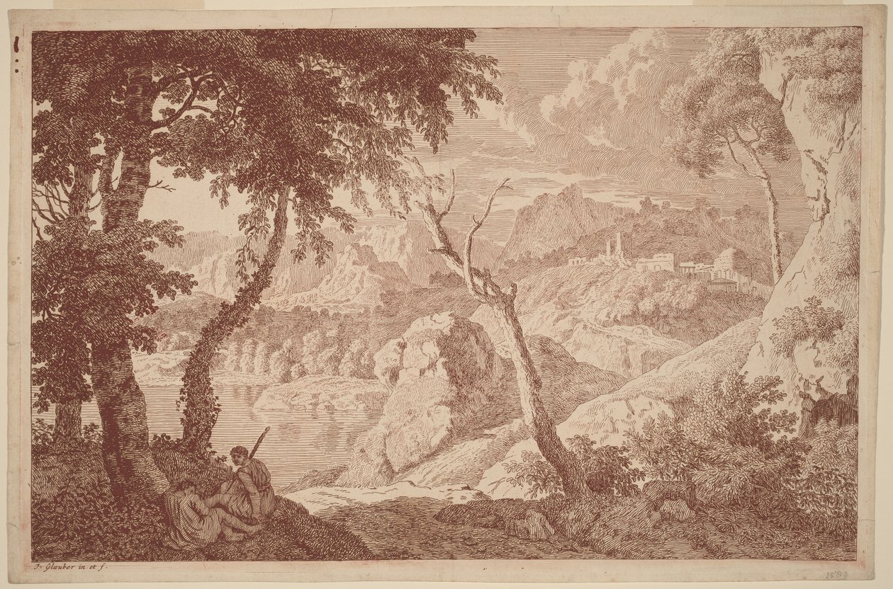Berglandschap met twee rustende mannen door Johannes Glauber