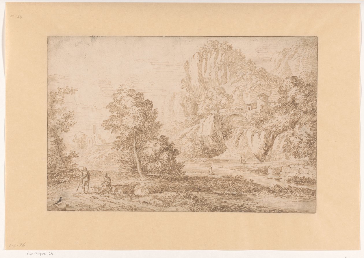 Berglandschap met een brug over een waterval door Johannes Glauber