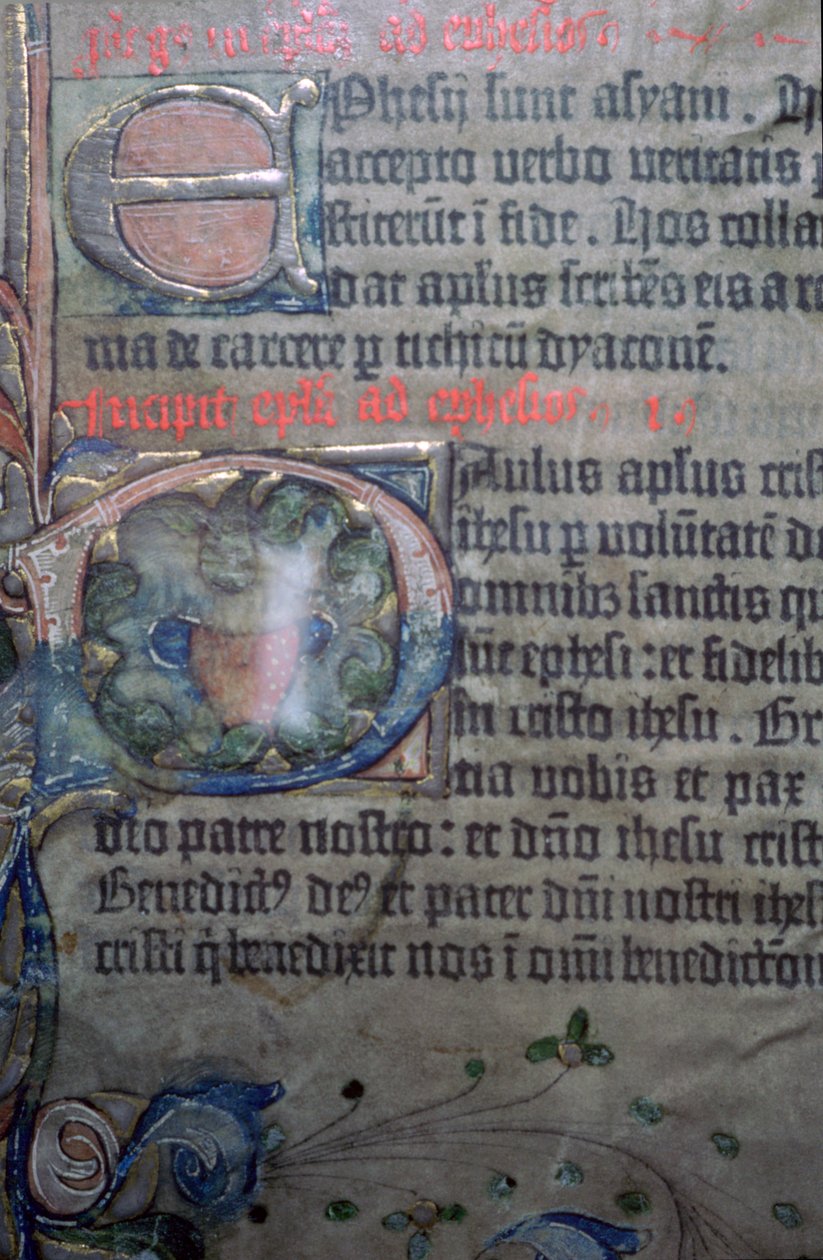 Detail van de vijftiende-eeuwse Gutenburg Bijbel, opening van Efeziërs door Johannes Gutenburg