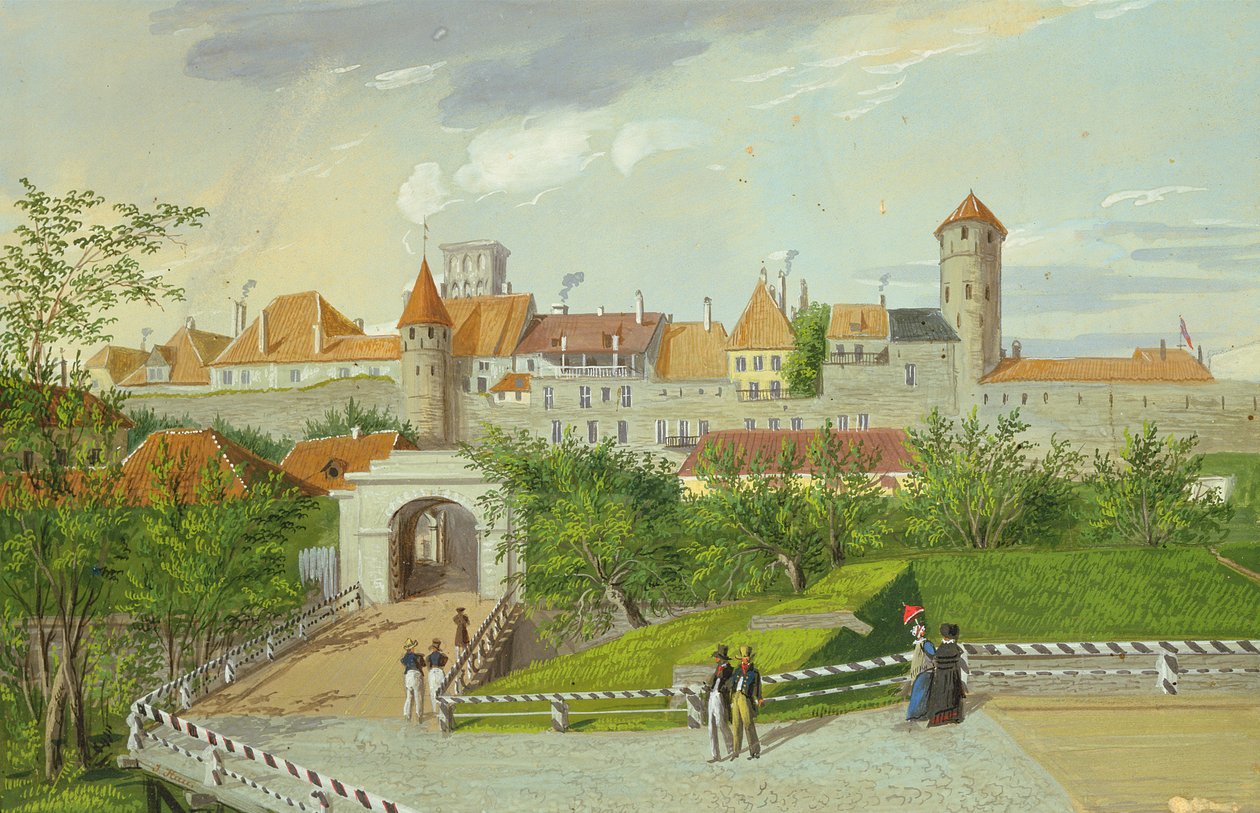 Een Uitzicht op de Kleine Kustpoort met Hattorpe en Stolting Torens, Tallinn door Johannes Hau