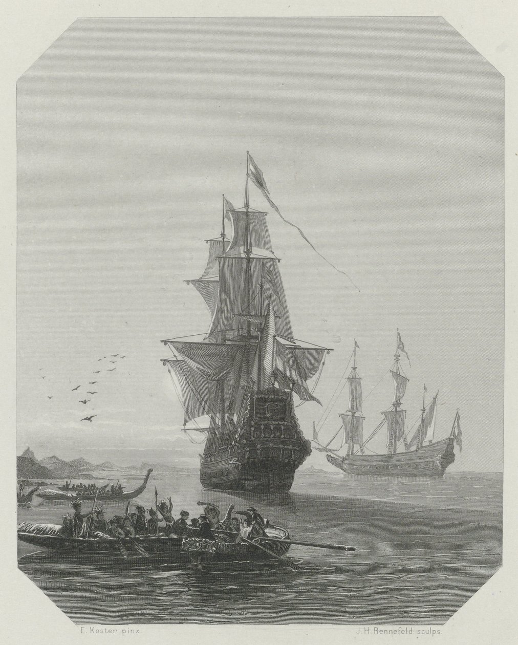 Aankomst van Abel Tasman in Nieuw-Zeeland, 1642-1643, ca. 1865 door Johannes Heinrich Maria Hubert Rennefeld