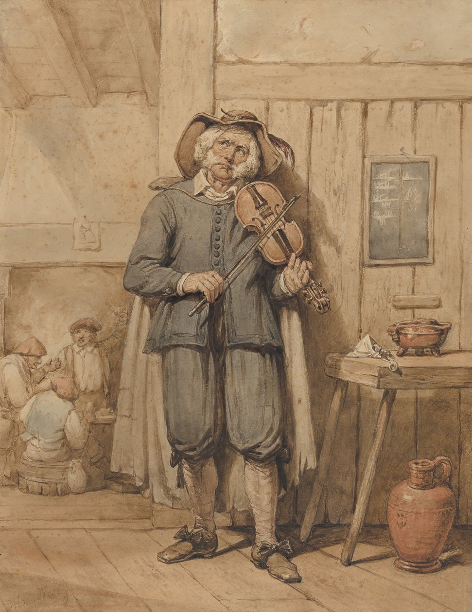 Een violist in een taverne, met drie mannen op de achtergrond door Johannes Hendrik van West