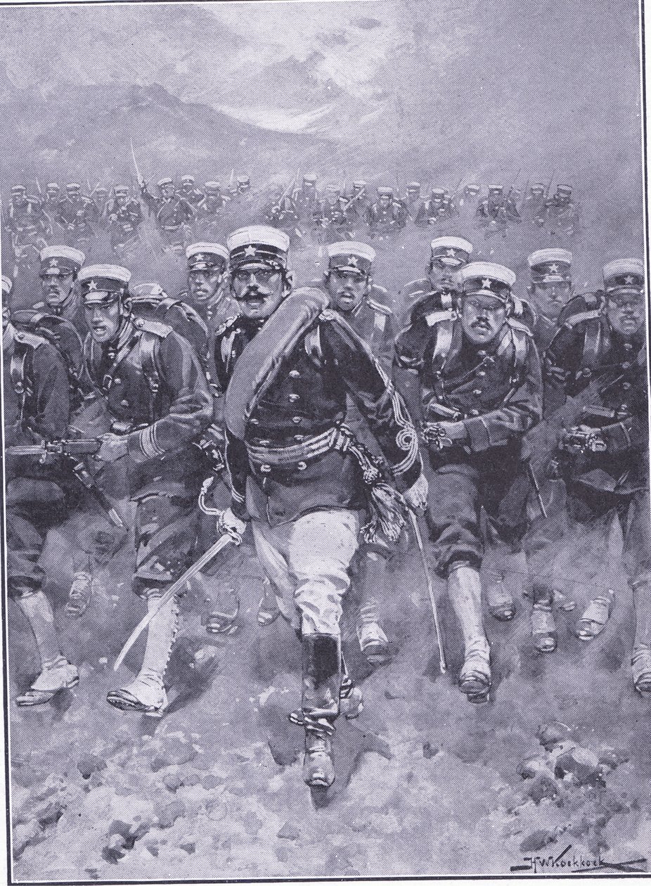 Een aanval van de Japanse infanterie, illustratie uit Cassells History of the Russo-Japanese War Vol 1, ca. 1900 door Johannes Hermann Barend Koekkoek