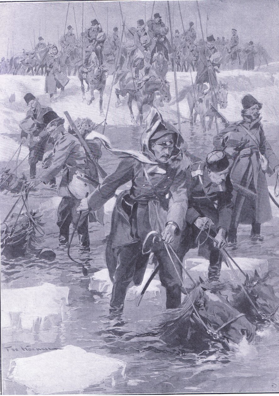 Een staaltje van paardrijkunst. Russische cavalerie steekt een rivier over, illustratie uit Cassells History of the Russo-Japanese War Vol 1, ca. 1900 door Johannes Hermann Barend Koekkoek