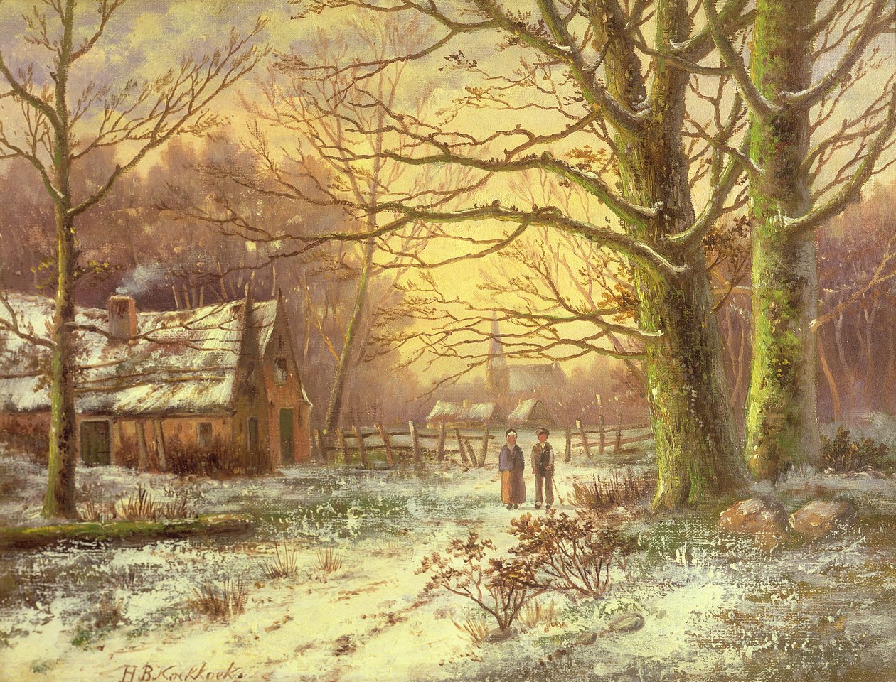 Figuren op een pad voor een dorp in de winter door Johannes Hermann Barend Koekkoek