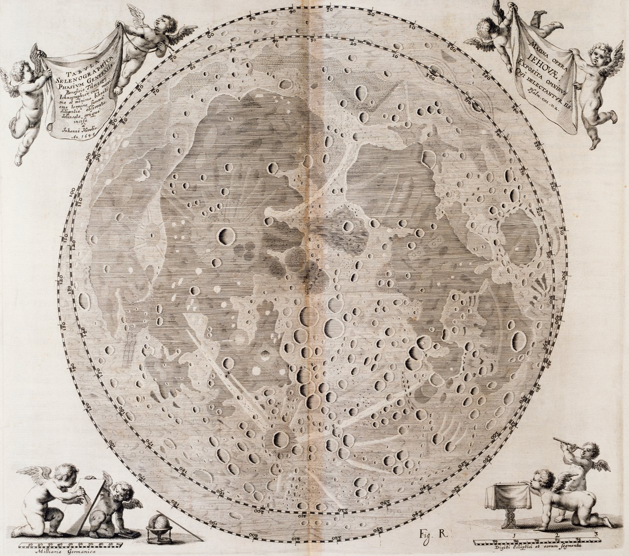 Eerste gedetailleerde kaart van de Maan getekend in 1647 door Johann Hevelius, afdruk uit Johann Hevelius