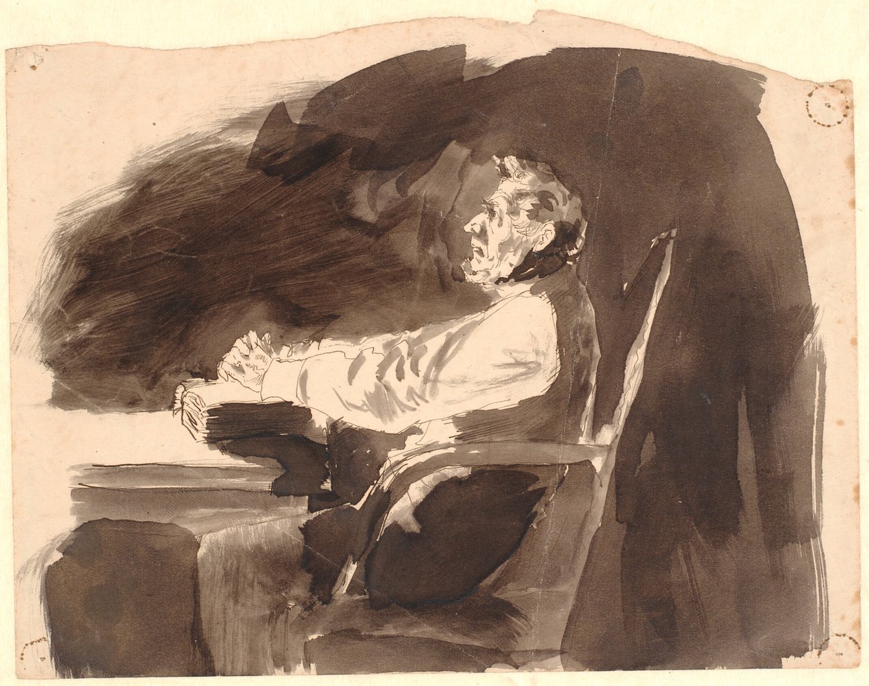 Oude man aan een tafel met een bijbel door Johannes Holbek