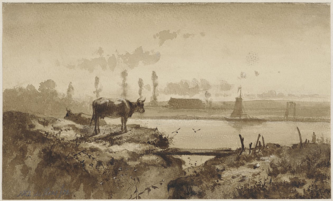 Rivierlandschap met koe door Johannes Hubertus Leonardus de Haas