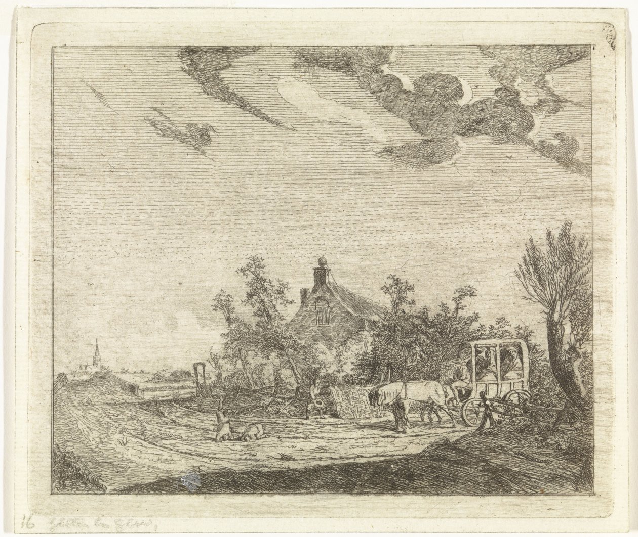 Paard en wagen voor een huis door Johannes Huibert Prins