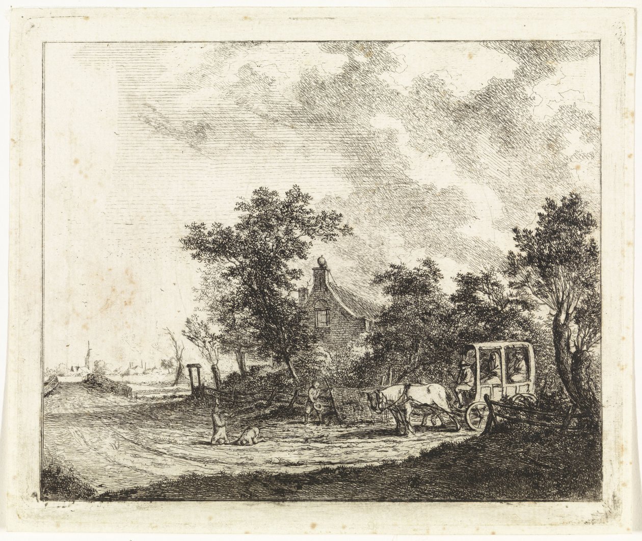 Paard en wagen voor een huis door Johannes Huibert Prins