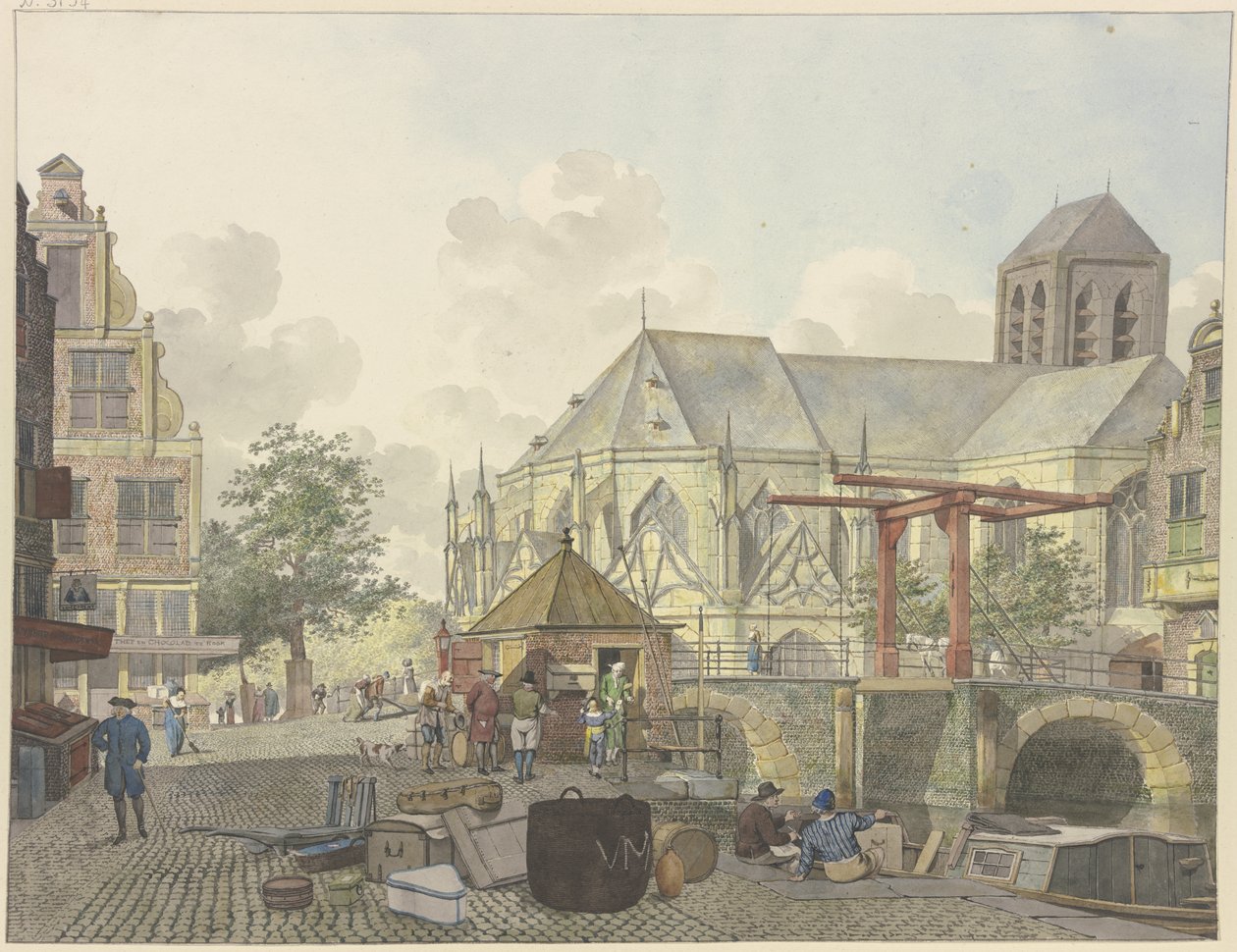 Sluisdeur bij een kerk, met een douanehuis door Johannes Huibert Prins