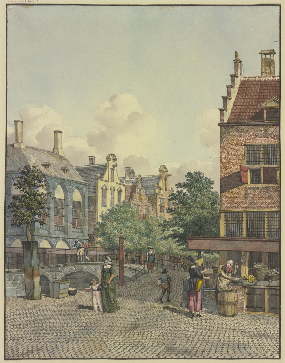 Stenen brug, rechts een winkel door Johannes Huibert Prins