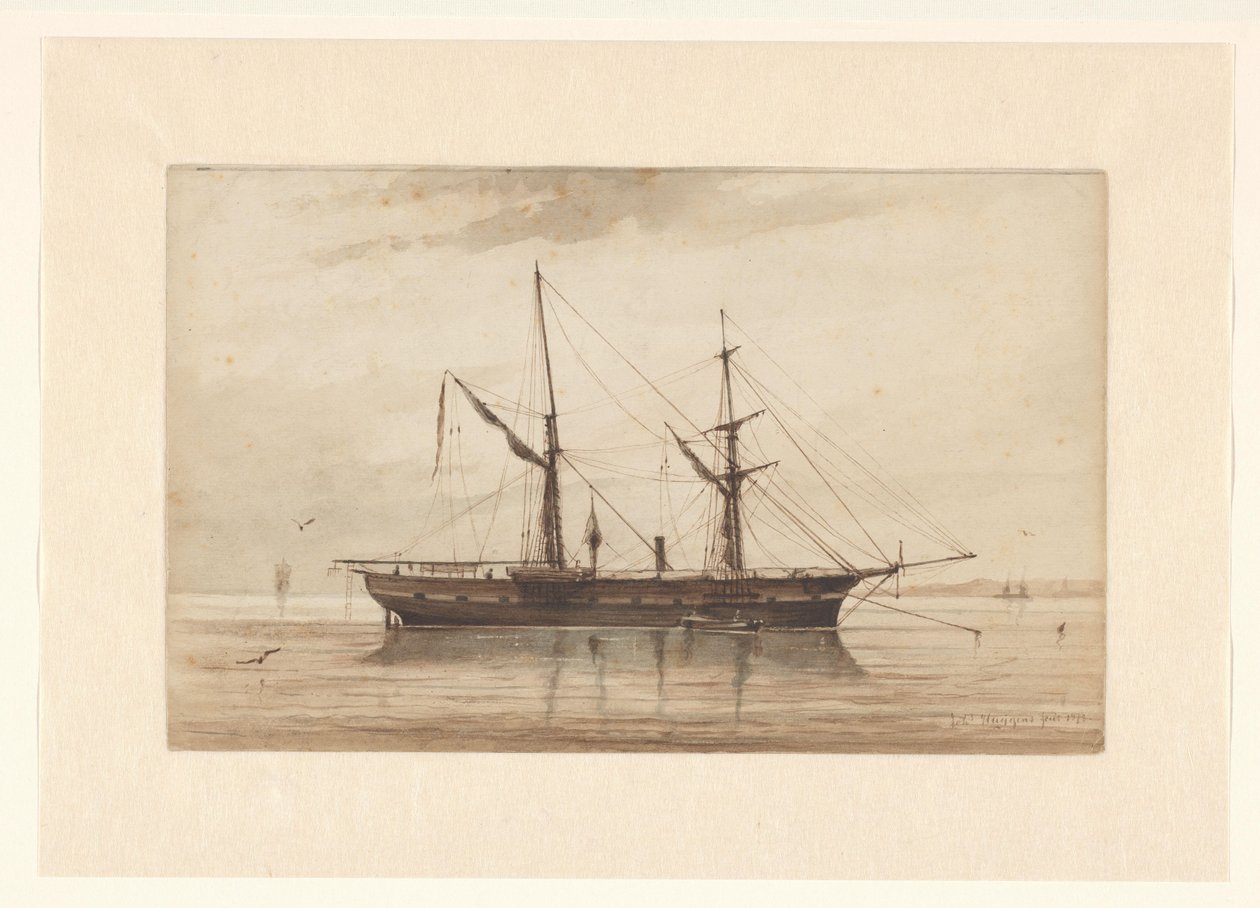 Zeilschip voor anker in kalm water door Johannes Huygens (signed by artist)