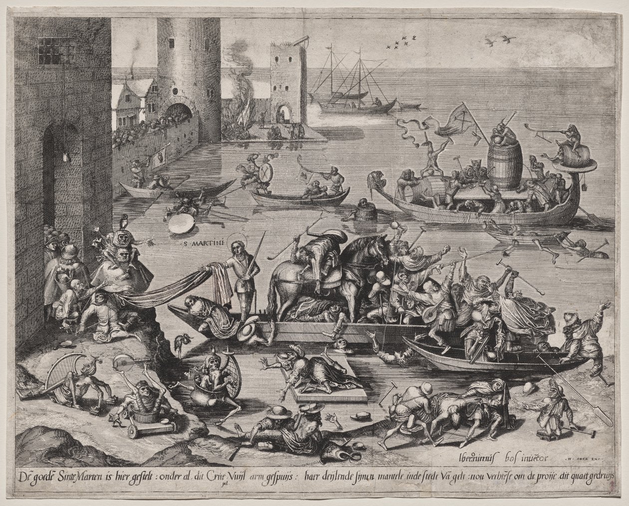 Sint Martinus met zijn paard op een schip door Johannes I van Doetecum (d. 1605)