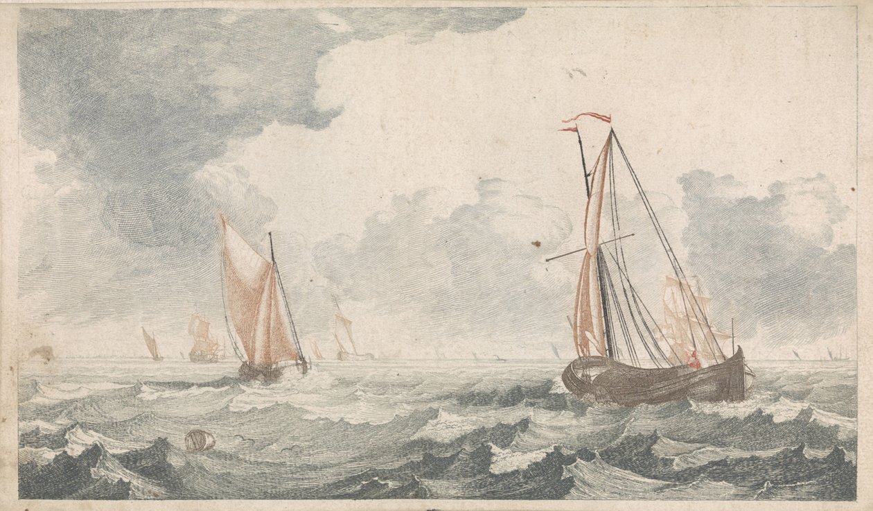 Twee elkaar tegemoet zeilende platbodems door Johannes Jacobsz van den Aveele