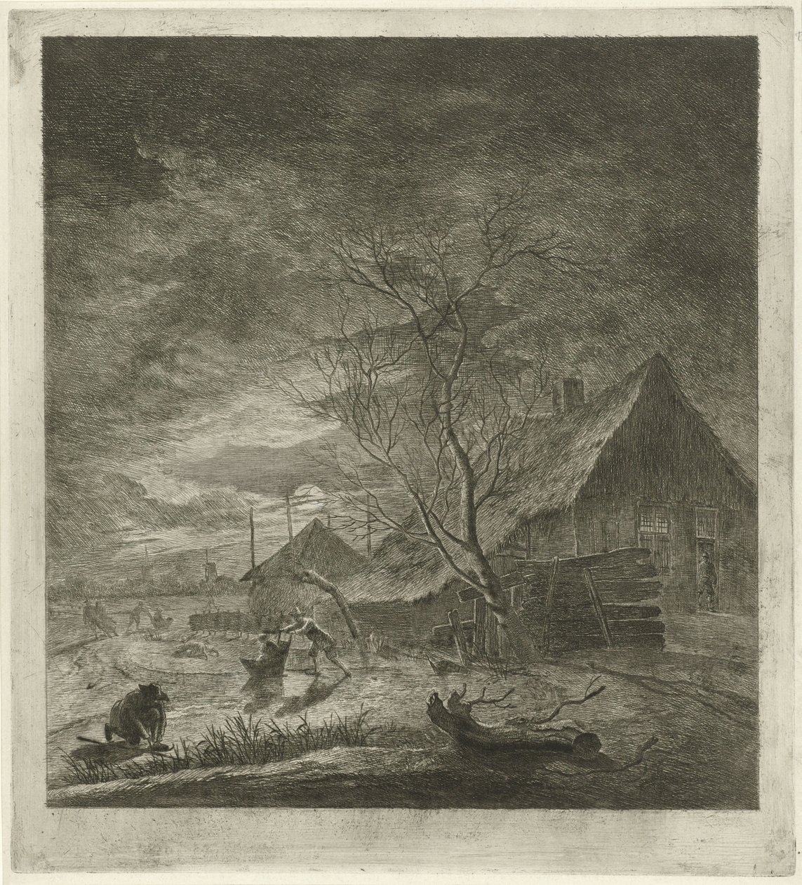 Nachtlandschap met boerderij en schaatsers door Johannes Janson