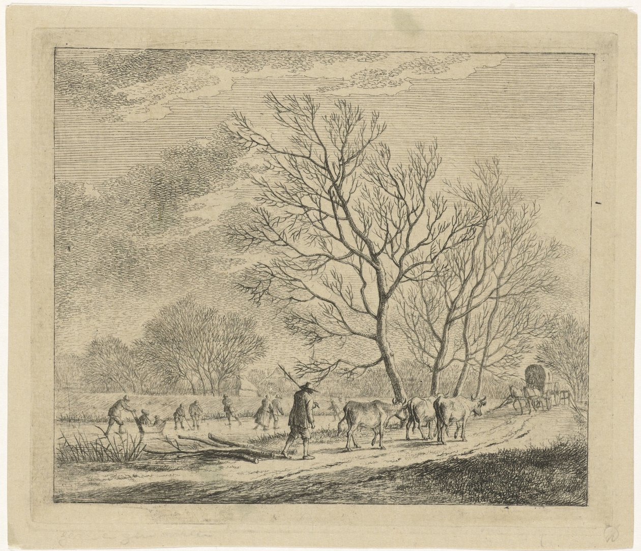 Winterlandschap met koeien en schaatsers door Johannes Janson