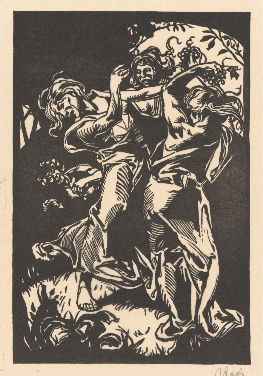 Dansende vrouwen met druiventrossen en sater door Johannes Josephus Aarts (signed by artist)