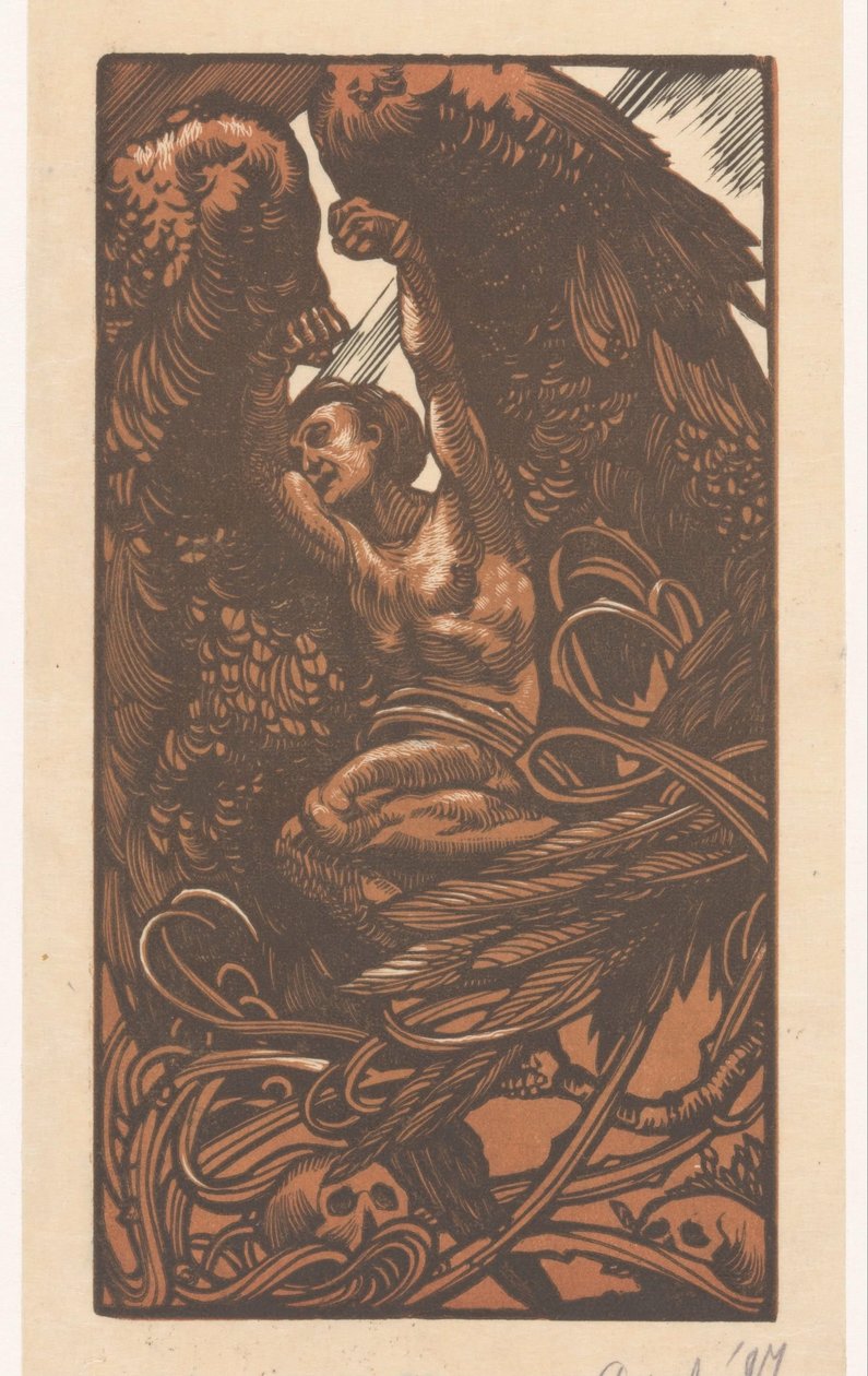 Gevleugelde vrouw met schedels door Johannes Josephus Aarts (signed by artist)