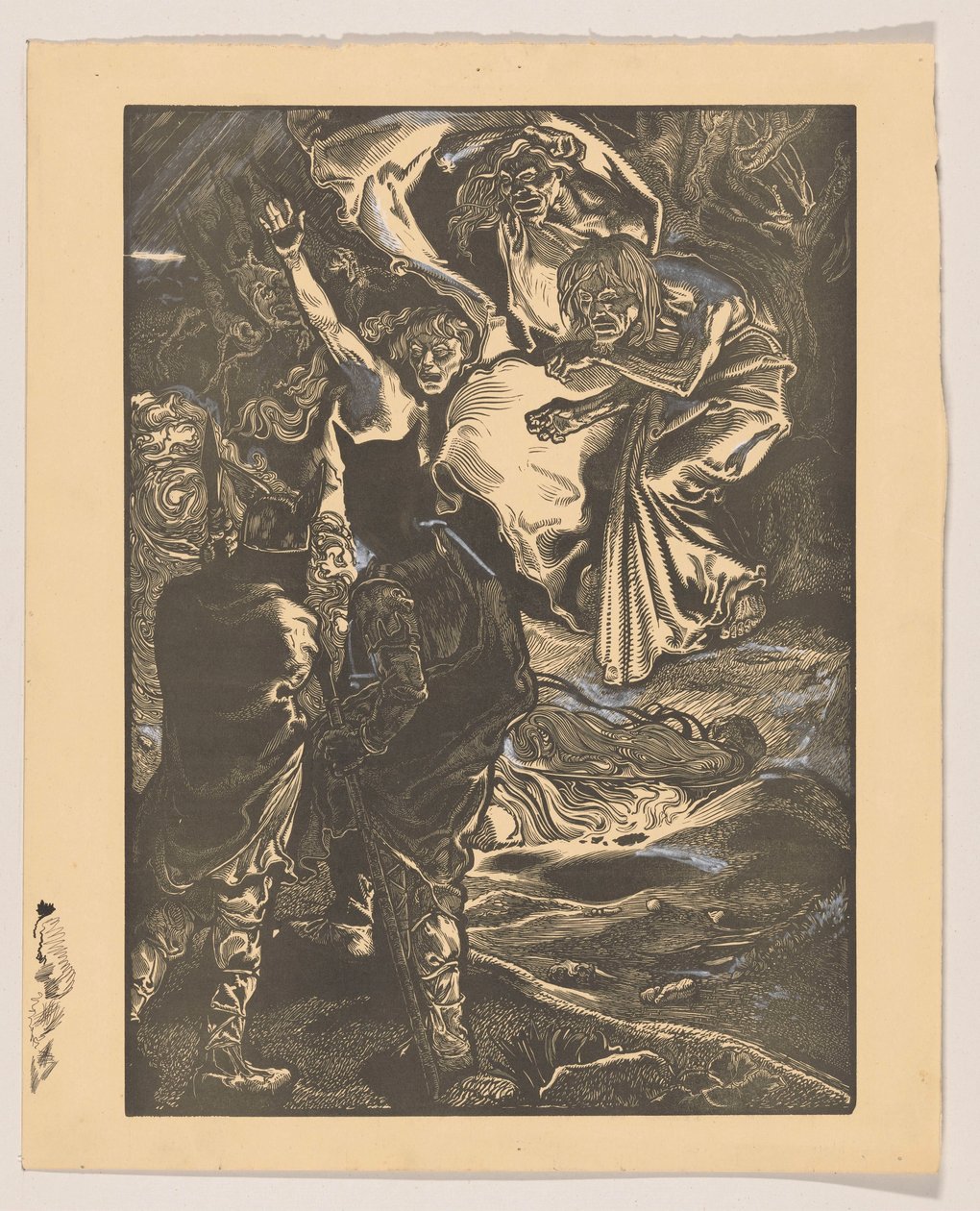 Macbeth en Banquo ontmoeten de drie heksen door Johannes Josephus Aarts