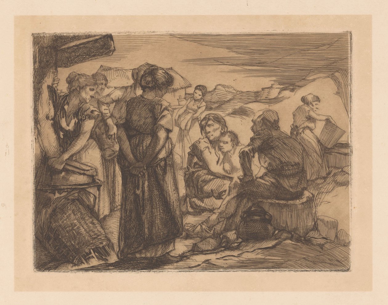 Man, vrouwen en kind in heuvelachtig landschap door Johannes Josephus Aarts