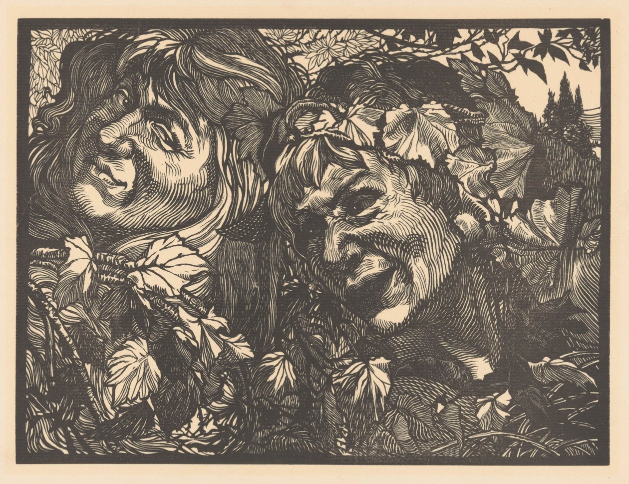 Twee bacchanten omgeven door wingerdbladeren door Johannes Josephus Aarts