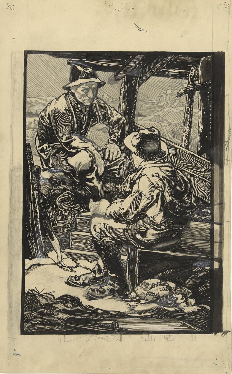 Twee dijkwerkers in een planken hut door Johannes Josephus Aarts