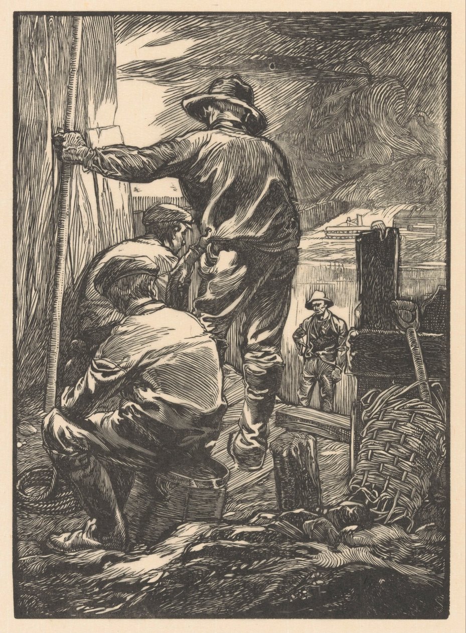 Vier arbeiders bij het water door Johannes Josephus Aarts