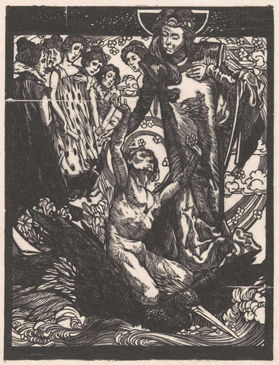 Vrouwenfiguren met man op rug van vogel door Johannes Josephus Aarts