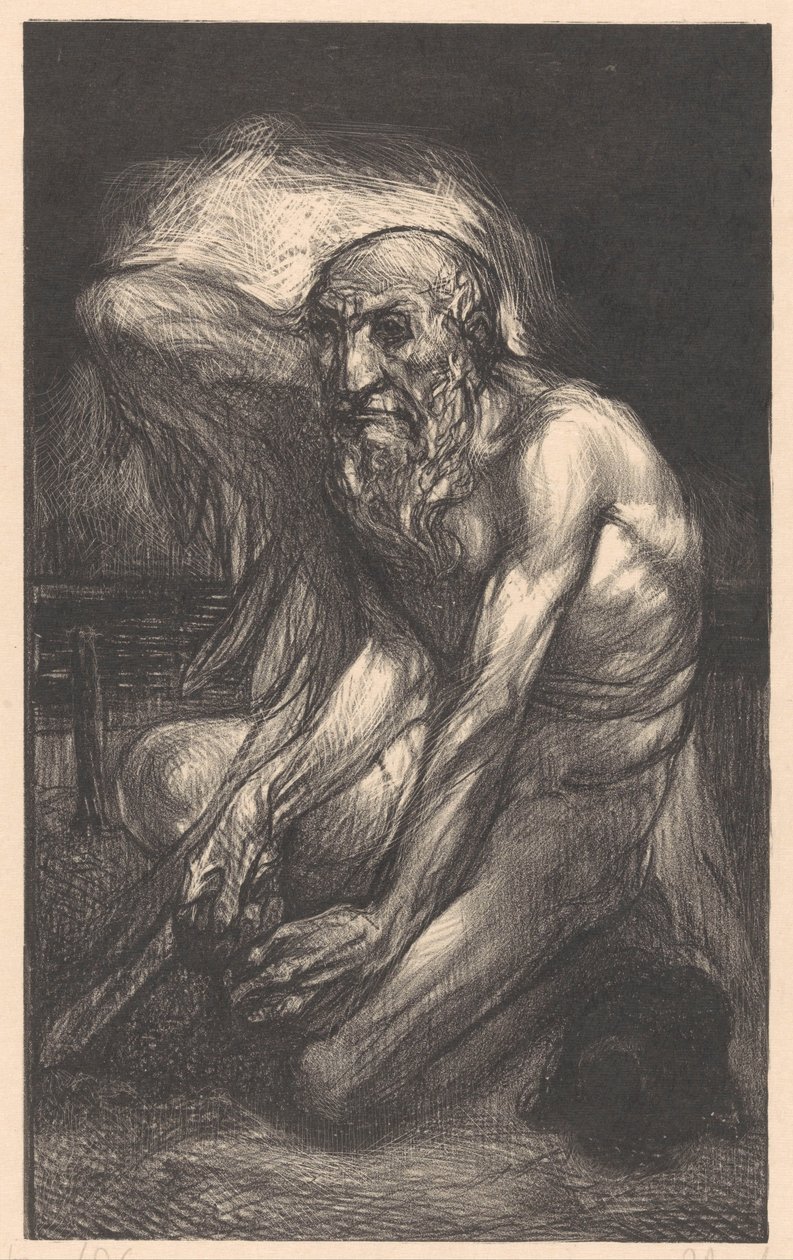 Zittende, bebaarde man met vleugels door Johannes Josephus Aarts