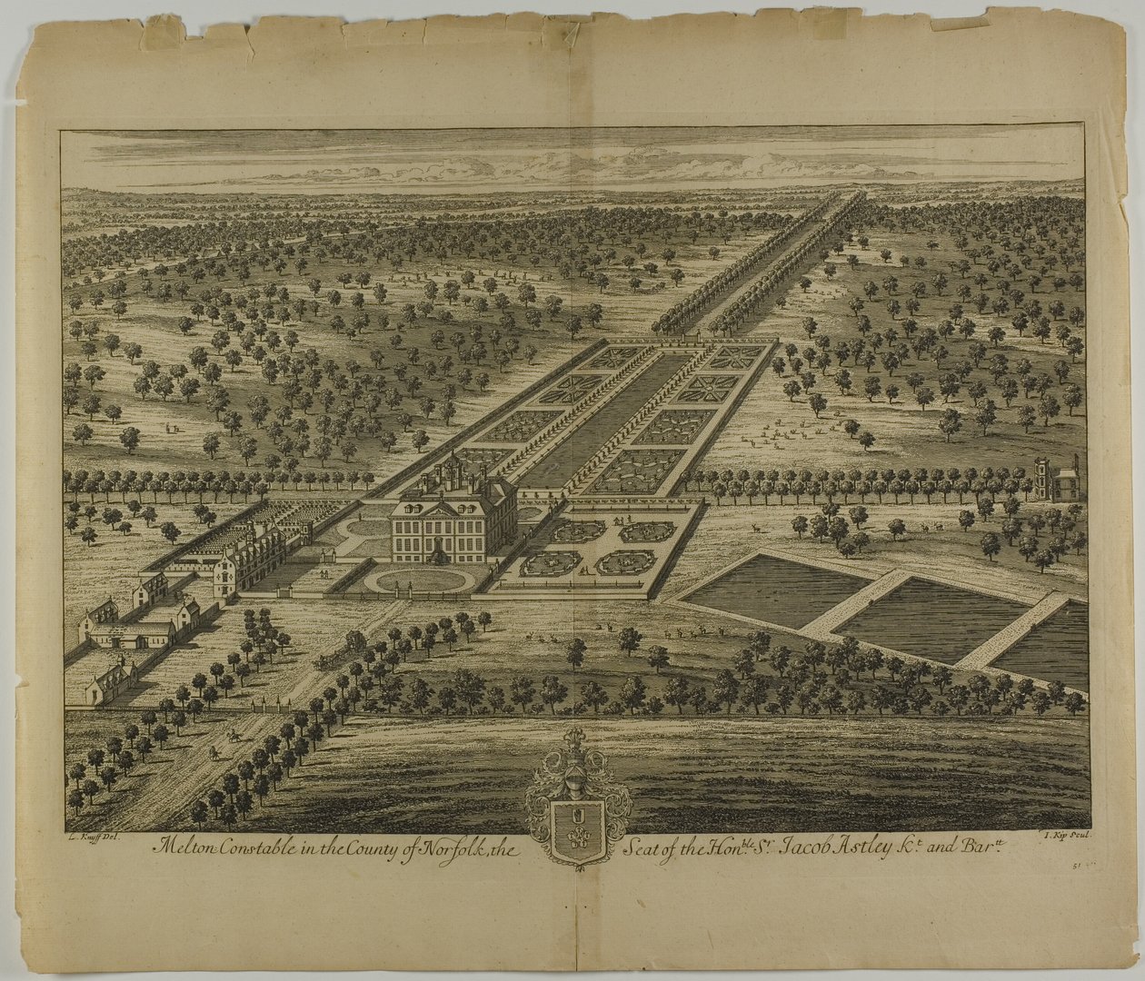 Melton Constable in het Graafschap Norfolk, plaat 51 uit Britannia Illustrata door Johannes Kip