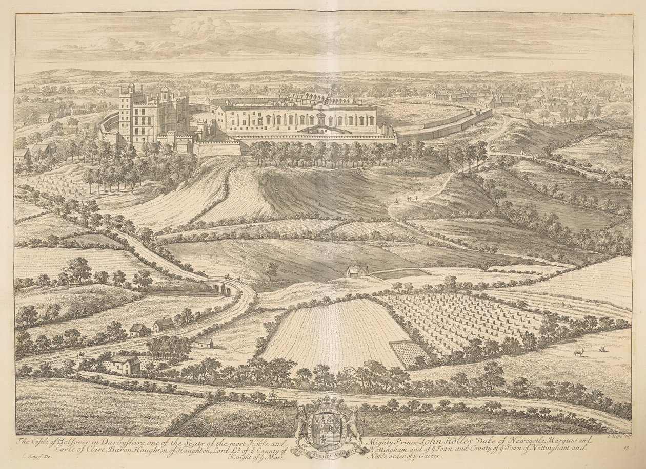 Het kasteel van Bolsover in Darbyshire: een van de zetels van de meest edele en machtige prins John Holles, hertog van Newcastle, markies en graaf van Clare, baron Haughton, Lord Lt. van het graafschap Nottingham en van de stad en het graafschap van de sta door Johannes Kip