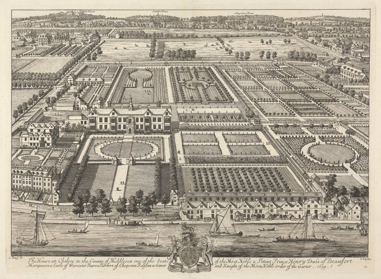 Uitzicht op Beaufort House en Chelsea 1699 door Johannes Kip