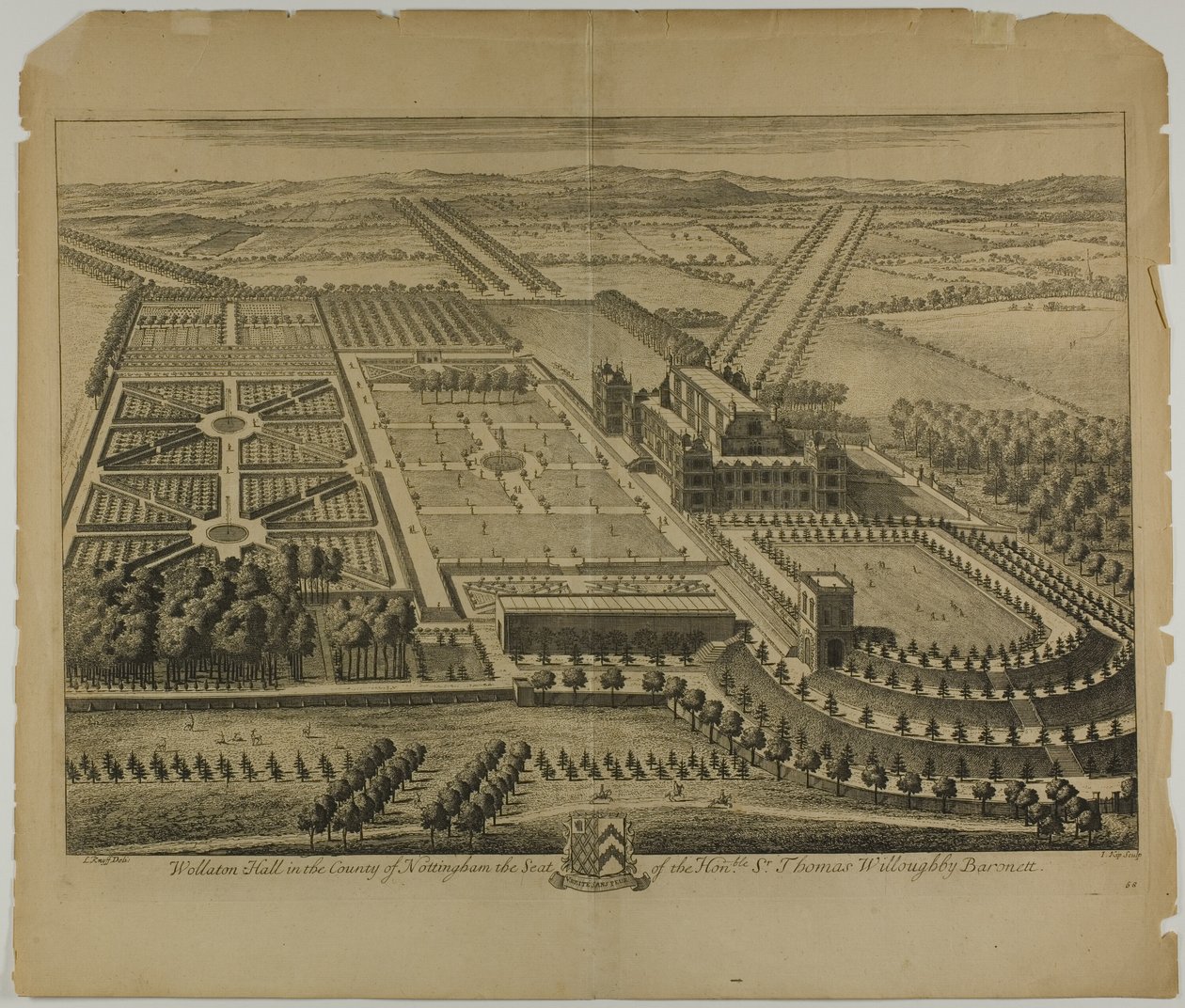 Wollaton Hall in het graafschap Nottingham, plaat 68 uit Britannia Illustrata door Johannes Kip