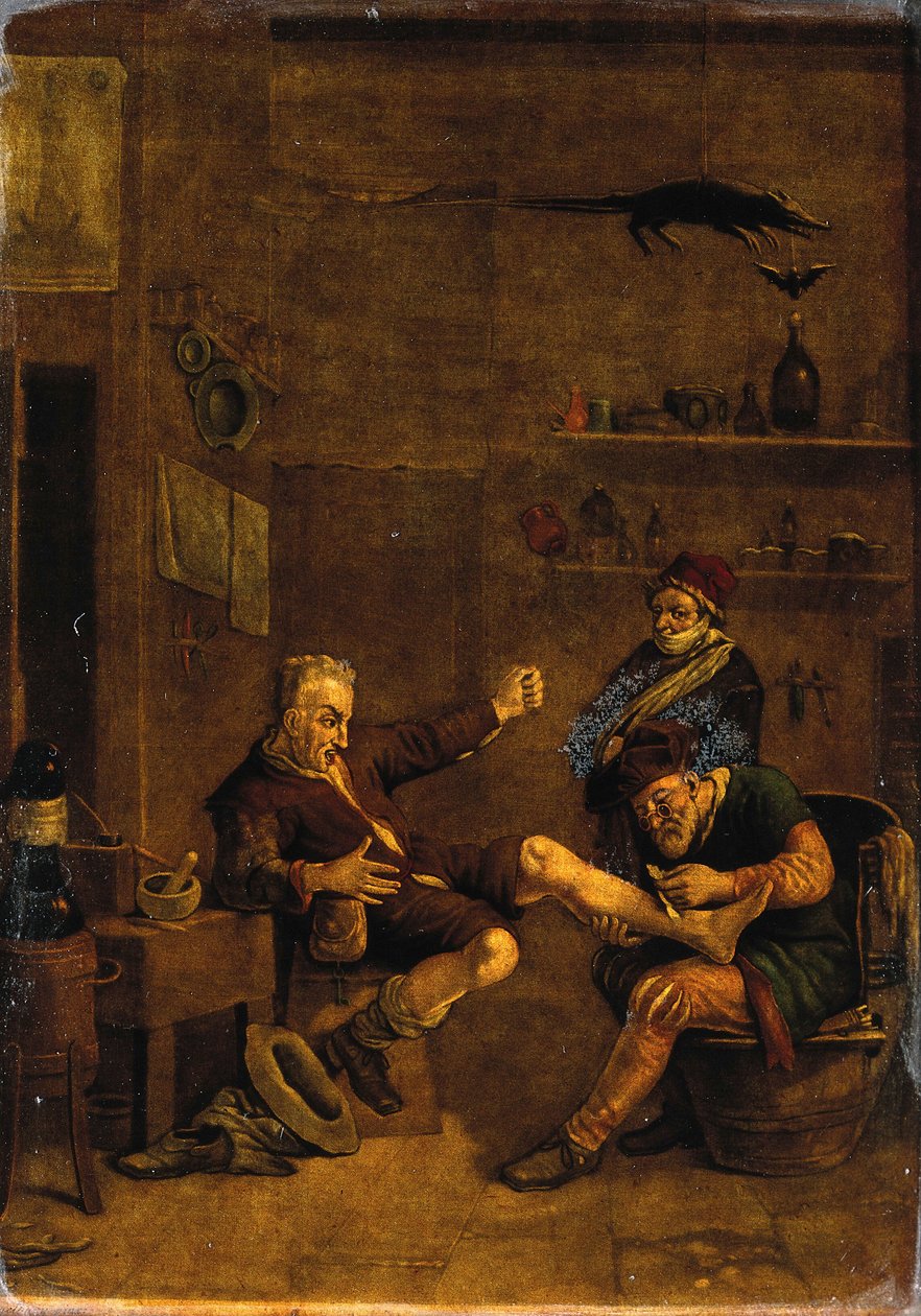 Een chirurg die de voet van een man behandelt. Mezzotint naar een compositie die wordt toegeschreven aan Johannes Lingelbach. door Johannes Lingelbach